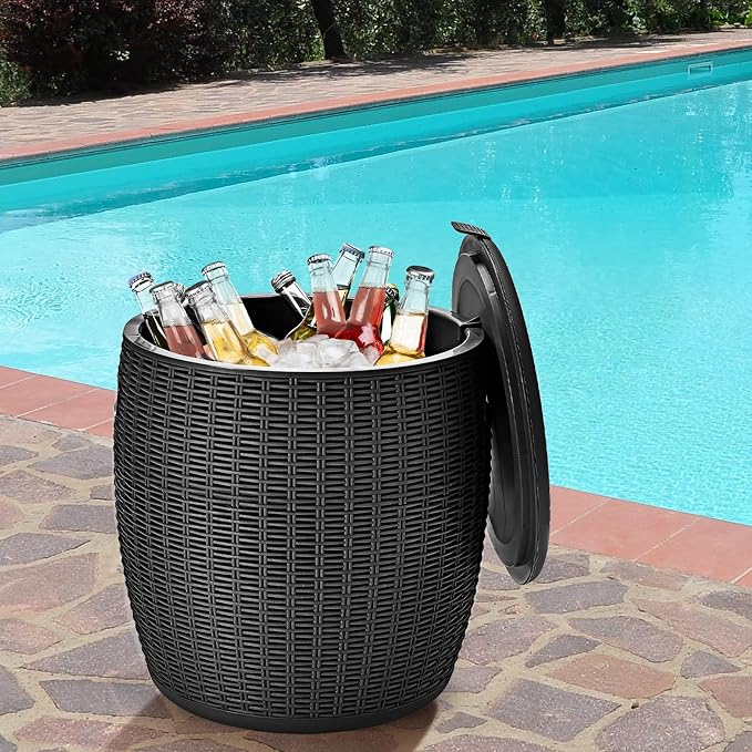 TANGZON 45L Ice Bucket Table, Rattan Effect Drinks Cooler with Lid & Side Handles, Outdoor Cocktail Table for Garden Patio Party and Pool (Black)
