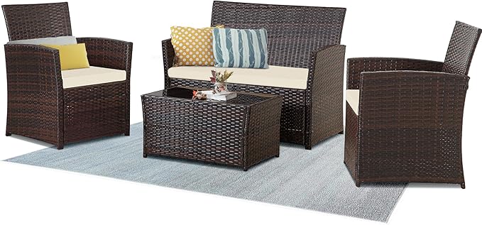 4 Piece Patio Furniture Set, Outdoor Wicker Conversation Set, Rattan Sectional Sofa Couch with Glass Coffee Table & Thick Cushion for Backyard, Porch, Garden, Poolside, Brown/Beige