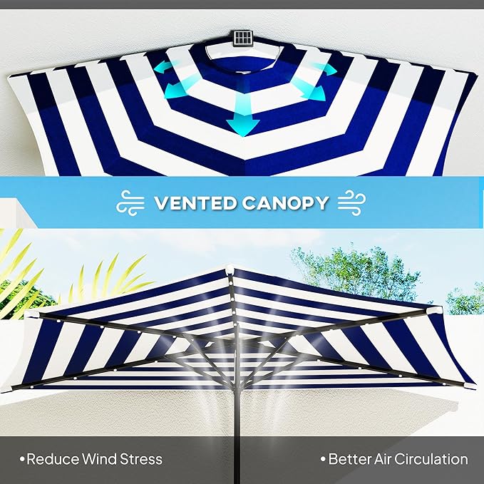 Outsunny Half Outdoor Patio Umbrella, UPF 30+ Small Vented Half Patio Umbrella with Crank 8 Ribs for Balcony Porch Garden Deck Poolside