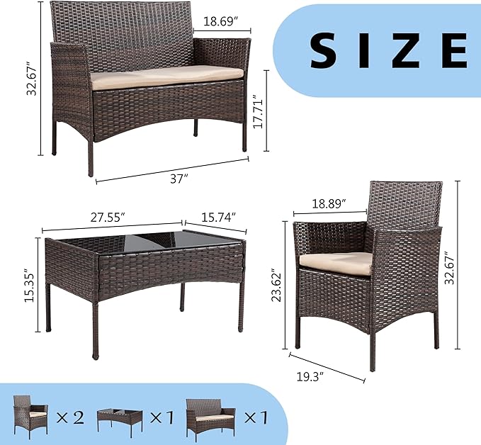 JAMFLY 4 Piece Outdoor Patio Furniture Set, PE Wicker Conversation Kit with Tempered Glass Table, All-Weather Seating for Small Porch, Balcony & Poolside, Washable Cushions, Brown
