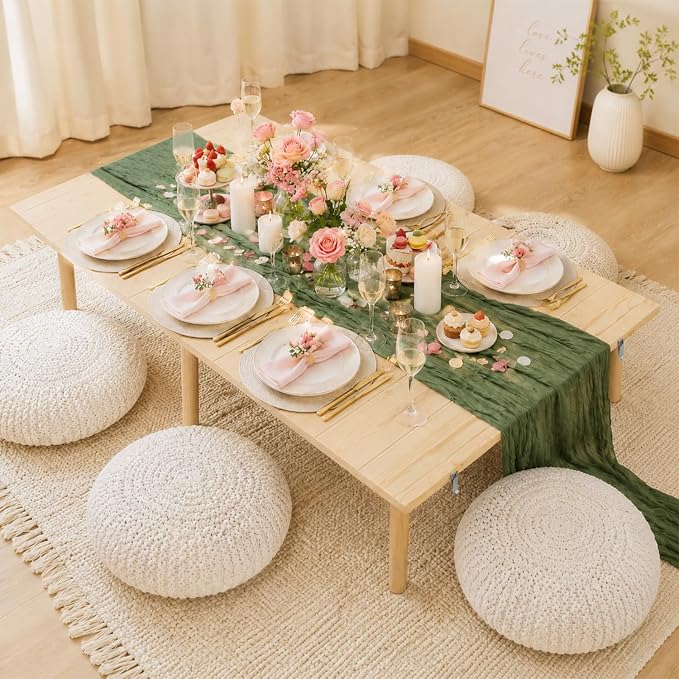 60" Folding Picnic Table with Table Runner & 6 Placemats, Solid Wood Portable Low Picnic Table for Seating 6, Wooden Foldable Table for Outdoor Camping, Beach, Boho Party, Patio (Natural)