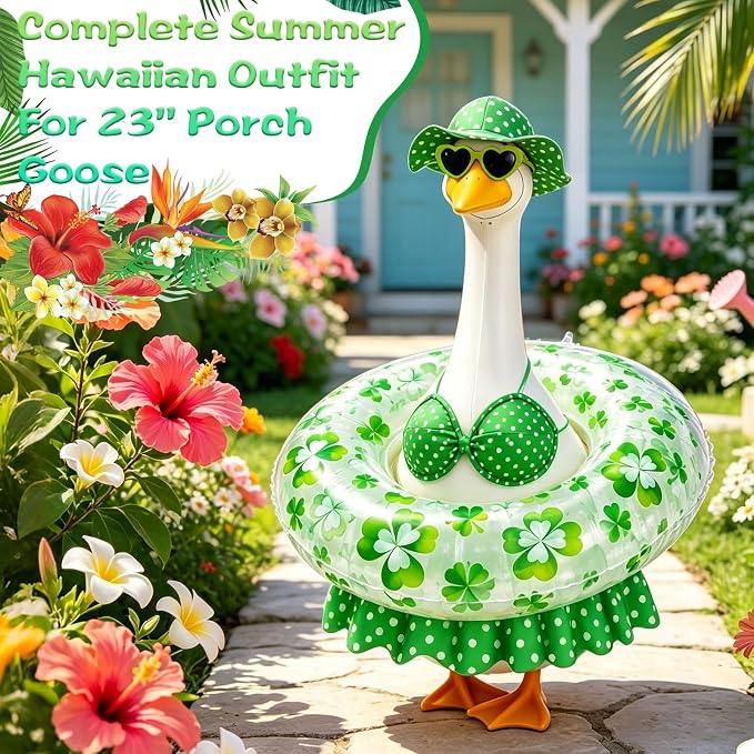 Hawaiian Porch Goose Outfit, Summer Bikini Costume with Sunglasses & Wreath, Fits 23" Goose Statue, Garden Lawn Patio Yard Outdoor Decoration (Green)