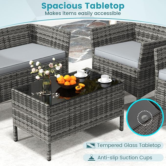 HAPPYGRILL 4 Pieces Outdoor Rattan Conversation Set, Patio Wicker Furniture Set with Loveseat Chairs & Tempered Glass Coffee Table, Outside Sectional Sofa Set for Backyard Garden Poolside, Gray