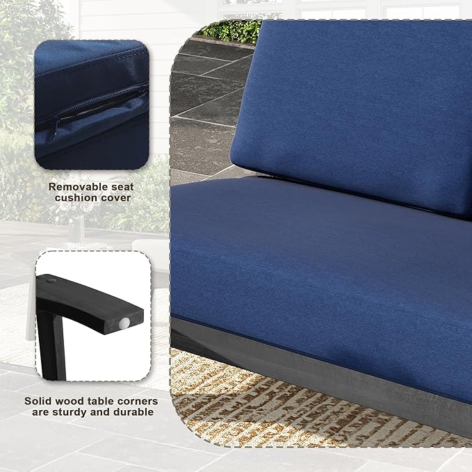 UIXE Black Wood Patio Furniture Sets, 3 Pieces All Weather Patio Loveseat Sofa Outdoor Sectional Futniture Backyard Conversation Set with Solid Wooden Coffee Table - Navy Blue