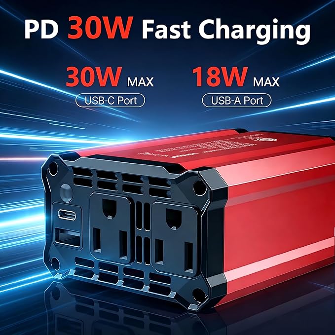 【2026 Upgraded】 300W Car Power Inverter - vansoet DC 12V to 110V AC(2 Outlets) Power Inverters with PD30W & QC18W Fast Charging Port - Car Charger Cigarette Lighter Adapter for Laptop/Phone/Road Trip