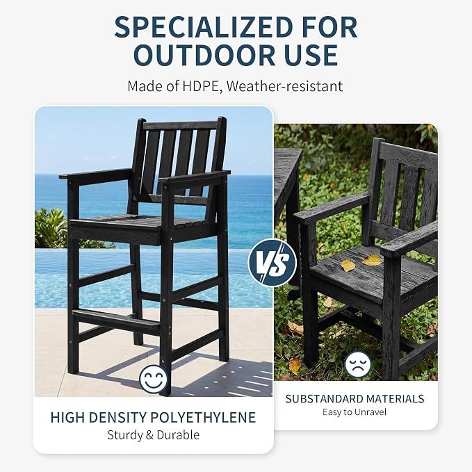 5-Piece Outdoor Bar Table and Chairs Set, HDPE Counter Height Patio Dining Table with 4 Adirondack Bar Chairs, Adirondack Bar Height Chairs and Bar Table for Bistro, Poolside, Backyard, Black