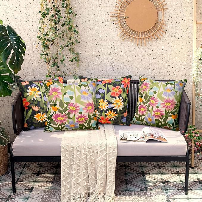 Pyonic Outdoor Pillows Covers Pack of 2 Spring Floral Waterproof Throw Pillow Covers 16X16 inch Outdoor Pillows for Patio Furniture Garden Square Outside Waterproof Pillow,Black