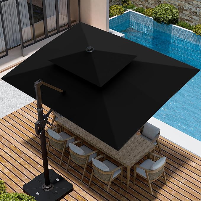 9' X 12' Cantilever Patio Umbrella with Led Lights Double Top Rectangular Outdoor Large Offset Umbrellas with 7 Tilts Adjustable 360°Rotation for Deck Pool Garden Backyard, Black