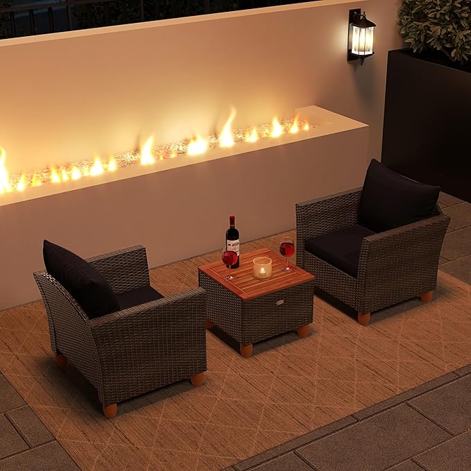 Tangkula 3-Piece Patio Furniture Set, Patiojoy Outdoor PE Wicker Bistro Set with Soft Cushions and Solid Acacia Wood, Outdoor Conversation Set with Porch, Balcony and Garden (Black)