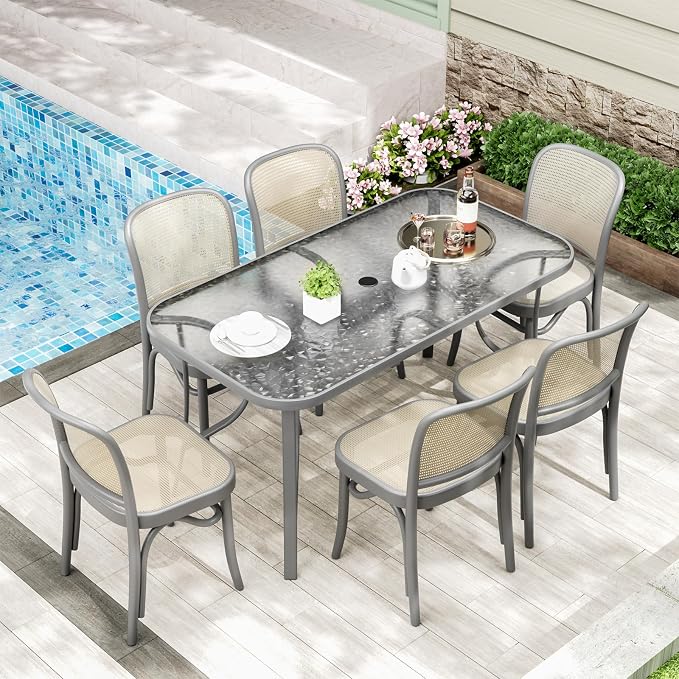 TLSUNNY Patio Outdoor Table W/ 1.69″ Umbrella Hole, 30"X 55" Rectangular Tempered Glass Patio Dining Table for 6, Outdoor Metal Furniture, All-Weather Use, for Patio, Graden, Backyard (Grey)