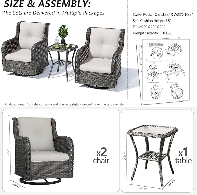 Outdoor 360 Degree Swivel Rocker Patio Chairs Set of 2 and Matching Side Table - 3 Piece Patio Wicker Glider Chairs with Olefin Cushion(Mixed Grey/Beige)