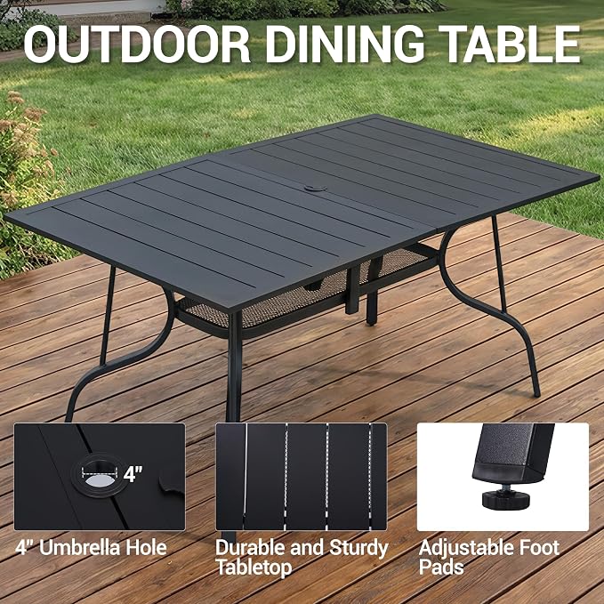 Outdoor Patio Dining Table for 6 People, 63" x 38" All-Weather Resistant Metal Rectangle Table with Adjustable Umbrella Hole for Garden Backyard Porch Poolside, Black