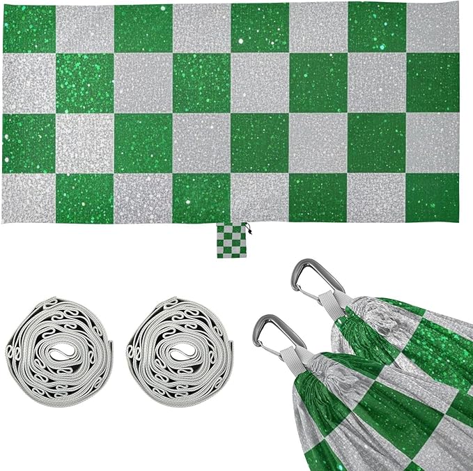Fake Glitter Checkerboard Squares White Green 330lb Capacity Outdoor Hammock with Tree Straps Rope Hammock for Outside Patio Backyard Poolside hamaca para adultos