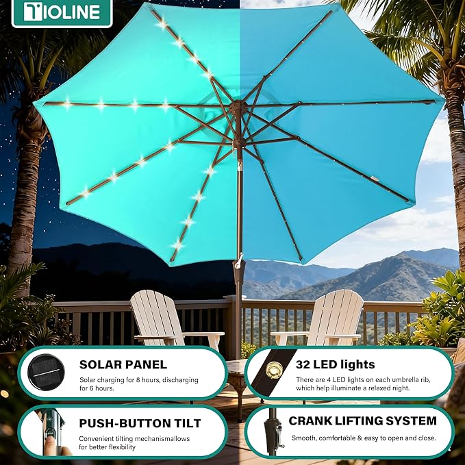 9FT Solar-Powered LED Patio Umbrella with Tilt Crank,Outdoor Market Umbrella with 32 Lights,Sunshade for Deck, Garden and Pool