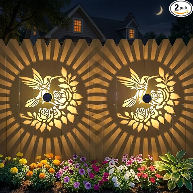 2 Pack Solar Fence Lights Outdoor Wall Lights Metal Solar Powered Deck Step Stair Lights Hummingbird Theme Waterproof Fence Solar Light for Garden Post Patio Yard Decor, Gardening Gifts for Women Mom