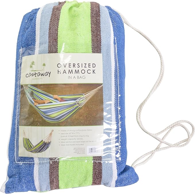 Castaway Living Large Blue & Green Stripe Brazilian Double Hammock with Matching Storage Bag, Designed in The USA, Perfect for Backyard, Patio, Bedroom, Beach & More