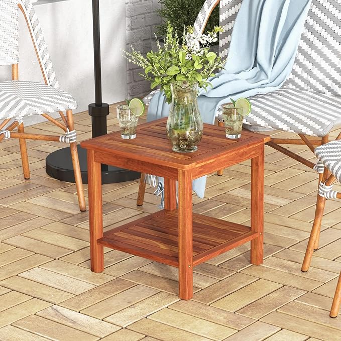 HAPPYGRILL Adirondack Outdoor Side Table Patio 2-Tier Square End Table, Acacia Wood Coffee Table for Porch, Poolside, Backyard, Garden, Balcony, Living Room