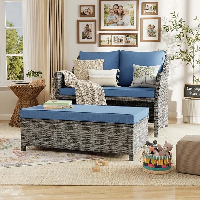 OC Orange-Casual 2-Piece Outdoor Patio Furniture Wicker Love-seat and Coffee Table Set, with Built-in Storage Bin, Grey Rattan, Navy Blue Cushions