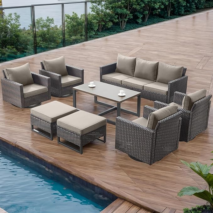 Rilyson Wicker Outdoor Patio Furniture Set - 8 Piece Patio Conversation Set with 4 Swivel Rocker Chairs,2 Rattan Ottoman,1 Couch and 1 Metal Coffee Table for Outside Porch Deck Backyard(Brown/Grey)