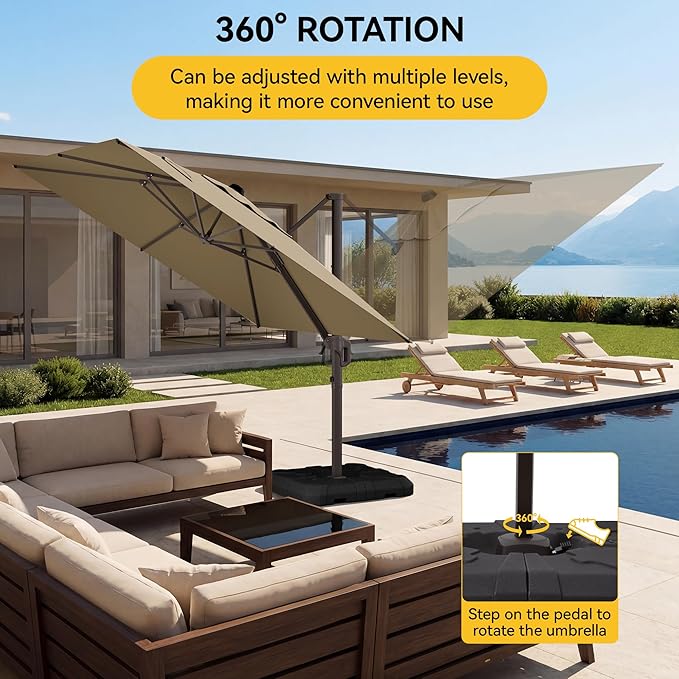 10x10FT Cantilever Outdoor Umbrella with Base, 360° Rotating Large Offset Square Patio Umbrella, Ideal for Garden Backyard Deck Courtyard, Brown