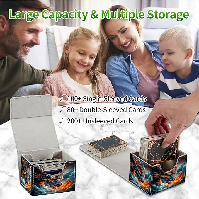 Card Deck Box for MTG, Cards Storage Box Fits 120+ Sleeved, Leather Small Size Strong Magnetic Closing Card Case for Board Games Magic TCG CCG Baseball Collection, Cloud Dark Dragon
