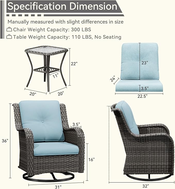 3 Piece Outdoor Wicker Patio Furniture Set, Swivel Rocker Patio Chairs Set with Thickened Olefin Cushions, High Back and Deep Seating, Hand-Woven PE Rattan for Porch, Deck