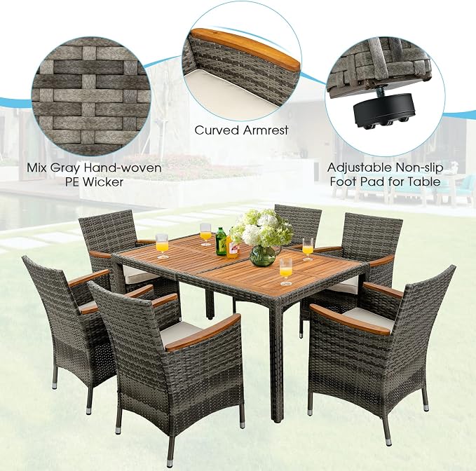 7 Pieces Patio Dining Set Outdoor Dining Set, Wicker Patio Furniture Set with Acacia Wood Table and Chairs, Garden Dining Table Set for Backyard, Desk, Poolside, (Grey)