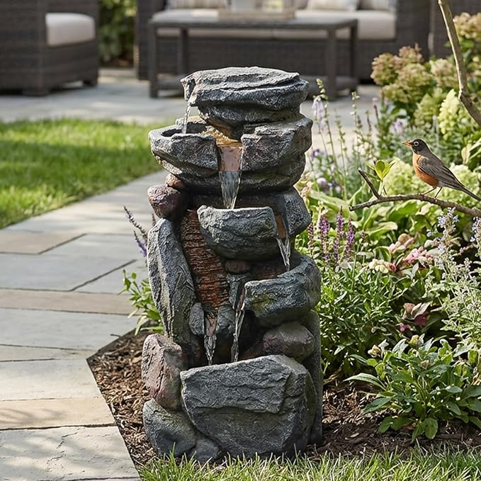 Bumilgar Water Features Outdoor Patio 6-Tier Cascading Rock Water Fountain 31.5''Water Fall Fountain Outside Resin Fountain with Light Mossy Rock Floor Garden Fountain Indoor for Relaxation Home Decor