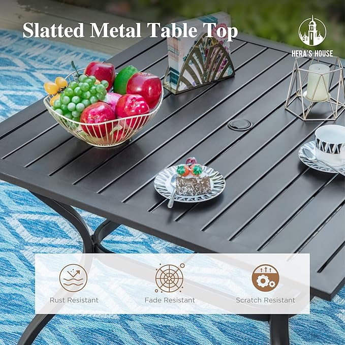 HERA'S HOUSE 5-Piece Patio Table and Chairs, Outdoor Dining Set for 4, Square Metal Table and Textilene Chairs with Umbrella Hole for Lawn Garden Backyard Deck, Brown