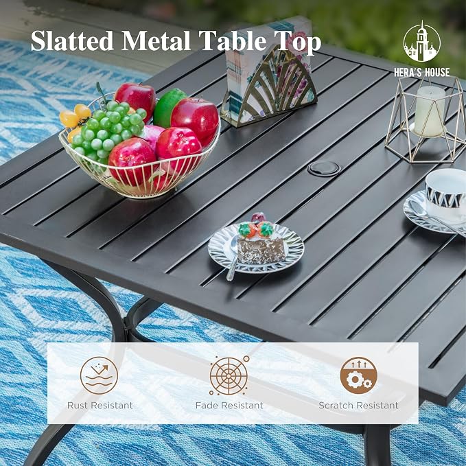 HERA'S HOUSE 5pc Patio Dining Set for 4, Outdoor Metal Table & Red Chairs | Textilene chairs + 37" square table with umbrella hole. Waterproof, rust-resistant, all-weather for backyard, porch