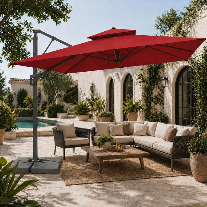 JEAREY 9ft 2-Tier Cantilever Patio Umbrella, Large Square Outdoor Offset Umbrella with Double Top Vent and 360-degree Rotation for Garden, Deck, Pool, Patio, Red