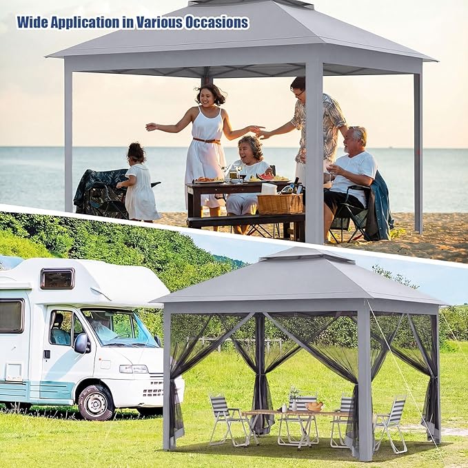 Tangkula 11x11 Ft Pop up Gazebo, 2-Tier Outdoor Patio Gazebo with Netting, Carry Bag, 121 Square Feet of Shade for Backyard, Deck, Poolside