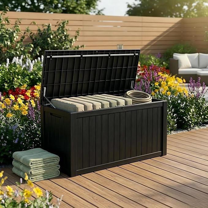 198 Gallon Resin Deck Box – Finally, a Lockable Outdoor Storage That Fits Everything (Cushions, Tools, Pool Gear & BBQ) – Weatherproof Wood Grain Design for Patio, Garden, Office, Home Indoor Outdoor