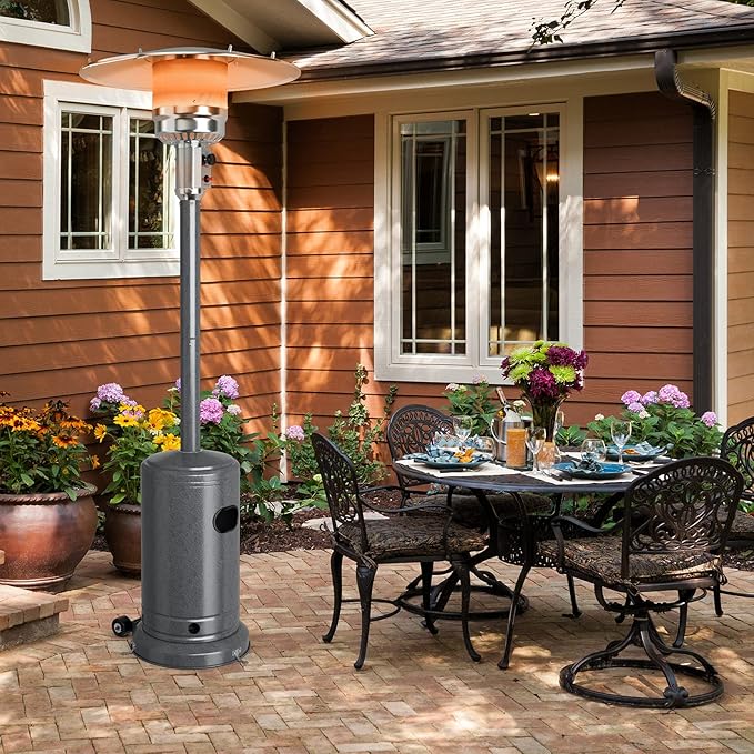 COSTWAY Outdoor Patio Heater, 50000 BTU Propane Heater with Stainless Steel Burner and Wheels, Triple Protection System, Standing Portable Outside Heater for Porch, Deck, Home and Commercial, Grey