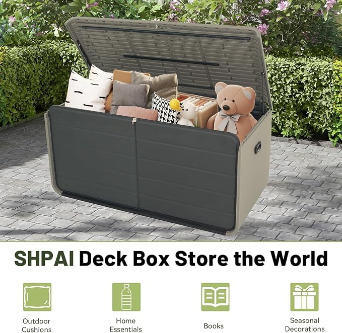 Resin Deck Box 160 Gallons, Large Heavy Duty Outdoor Storage Box, Lockable Waterproof Patio Outside Storage Box for Patio Furniture, Tools, Pool Supplies