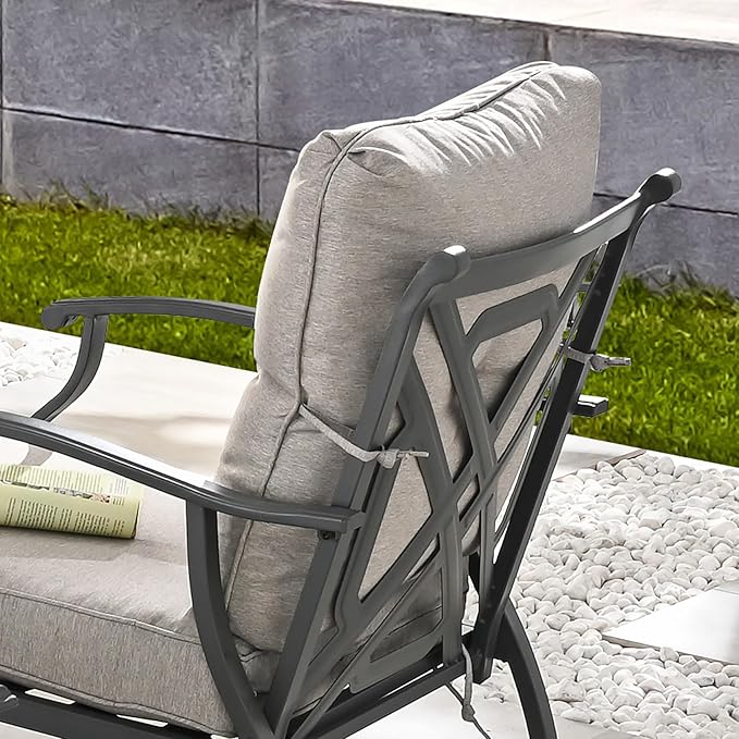 3 Pieces Patio Conversation Set Metal Outdoor Furniture Chairs with Cushion Tile-top Side Table (Grey)