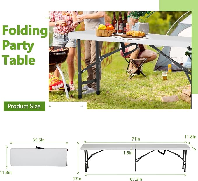 Folding Tables 6Ft Outdoor Dining Table, Portable Picnic Table Fold Up Lightweight Party Tables, 6 Foot Bench Camping Bench, Mesas Para Fiestas Beach Benches Garden Bench