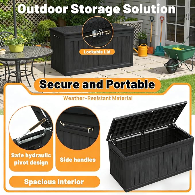 260 Gallon Lockable Resin XXL Deck Box, Waterproof Outdoor Storage Box for Patio Furniture Cushions, Garden Tools & Pool Accessories Storage, Black