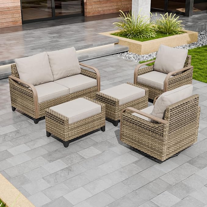 Modern Wicker Patio Furniture Set, Rattan Outdoor Conversation Set with Comfortable Cushions, 2 Swivel Rocking Chairs, 2 Seat Loveseat and 2 Ottomans, 5 Pieces, Brown/Gray