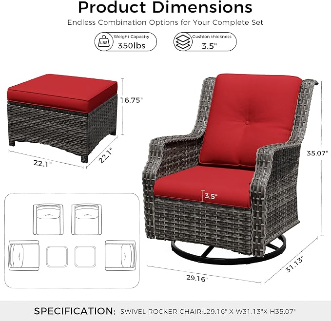 Outdoor Patio Furniture Set, 6 Piece Wicker Patio Furniture with Thick Cushions, Curved Armrest, Deep Seating, Outdoor Swivel Rocker Chairs for Porch, Deck, Balcony