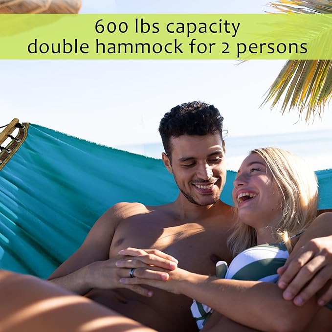 Tranquillo Double Hammock 2 Persons Cotton Canvas 600 lbs Portable Camping Hammock with Solid Wood Spreader Bar Hammock for Camping Portable Relaxation Gear for Camping Patio Garden, Blue