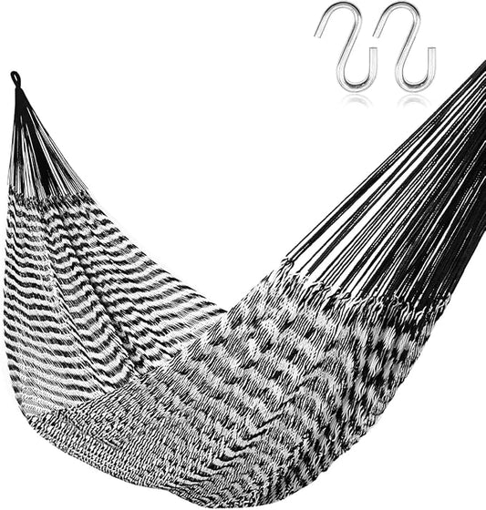 Handwoven Mayan Hammock with S Hooks - Breathable Open Weave for 1-2 Adults, Portable with Carry Bag by Bathonly (Backyard, Camping, Beach) - Black/White