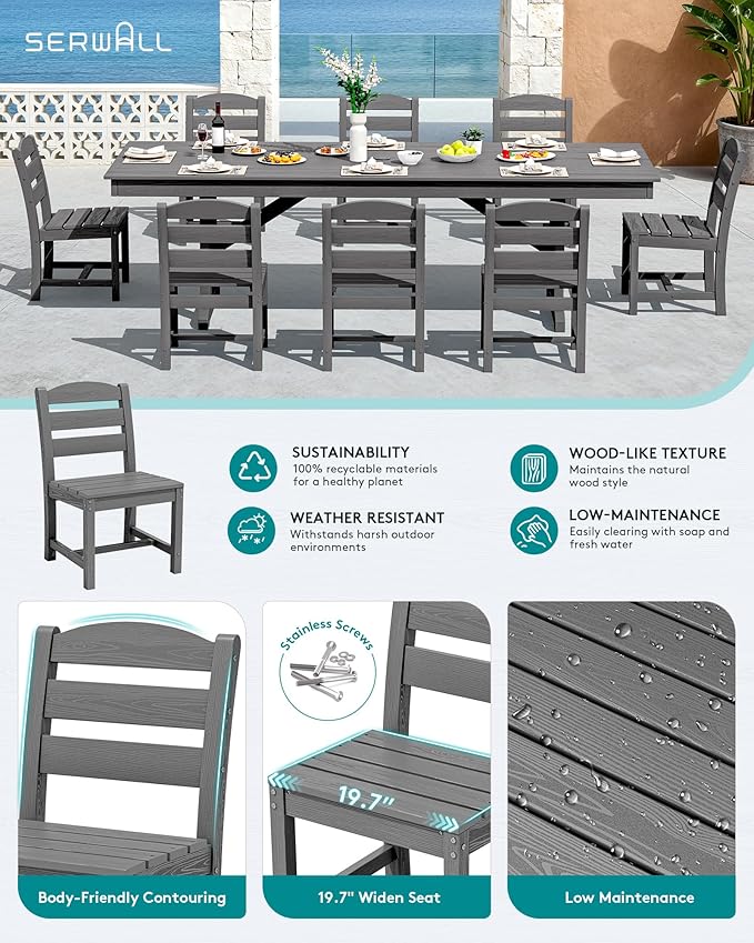 SERWALL 9 Piece Outdoor Dining Set, 84" HDPE Outdoor Table and Armless Chairs Set for 8，All Weather Patio Furniture Set with Umbrella Hole for Backyard, Garden, Gray