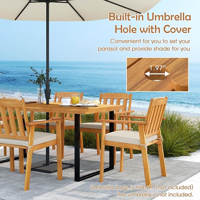 HAPPYGRILL Acacia Wood Patio Dining Table with Umbrella Hole (1.97”), Outdoor Wooden Table for 4-6 People, for Backyard Deck Porch