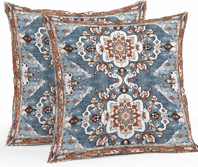 Blue Bohemian Waterproof Outdoor Pillow Covers Set of 2 Home Decor, Retro Pattern Oriental Farmhouse Ethnic Pillowcase Patio Pillow Covers for Couch Bench Furniture Garden 18x18in