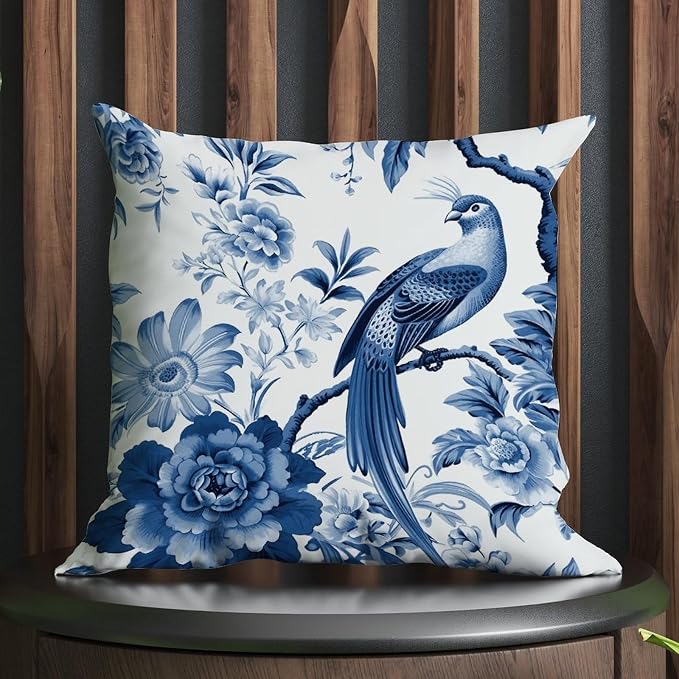 Throw Pillow Covers Blue Indigo Floral Chinoiserie Cushion Cover Modern Asian Navy Lotus Bird Pillow Cover Accent Square Couch Sofa Cushion Covers for Bedroom Sofa Bench Porch 18x18 in