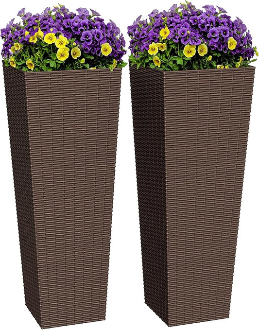 Greesum 32 Inch Tall Plastic Planters with Rattan Texture – Set of 2, Detachable Inner Pot & Drainage Holes, Indoor/Outdoor Decorative Flower Pots for Large Plants, Trees, Patio, and Garden, Brown