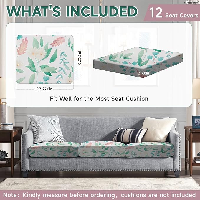 CALBODE 12Pcs Stretch Patio Cushion Cover, Fresh Botanical Printed Couch & Sofa Slipcovers for Patio Furniture Cushions Washable Reusable Couch Covers Replacement for Spring Summer (Cover Only)