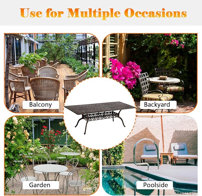 Cast Aluminum Patio Dining Table,Outdoor Dining Table for 8-10,Patio Metal Dining Table with Umbrella Hole for Backyard,Garden,Poolside (1, Rectangular)
