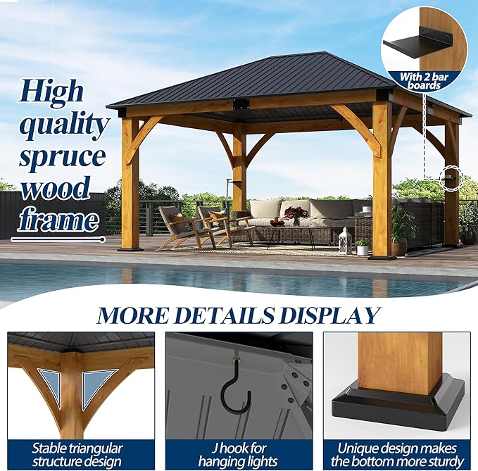 COVERONICS 13FT x 15FT Outdoor Spruce Wood Gazebo - Patio Wooden Frame Gazebo with Galvanized Steel Roof, Heavy-Duty Hardtop Gazebos for Garden, Poolside, Deck, Backyard